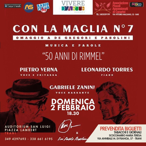 Tra musica e poesia - Con la maglia n° 7 Omaggio a De Gregori e Pasolini -50 anni di Rimmel