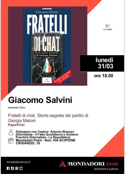 Giacomo Salvini presenta a Bari il suo bestseller  FRATELLI DI CHAT