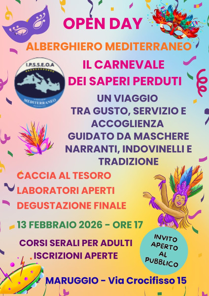 Il Carnevale dei Saperi Perduti: Open Day Alberghiero Mediterraneo con caccia al tesoro, laboratori e degustazione finale, venerdì 13 febbraio