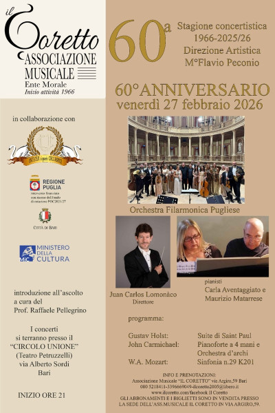 Orchestra Filarmonica Pugliese Direttore Juan Carlos Lomonàco  solisti della serata i pianisti Carla Aventaggiato Maurizio Matarrese interpreti di un programma di grande fascino in prima esecuzione assoluta per pf a 4 mani e Orchestra