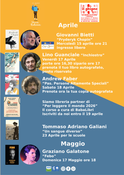 Il nostro calendario degli eventi di aprile 2026   All’orizzonte si accendono nuove emozioni, pronte a trasformarsi in racconti, incontri e momenti da condividere. Il Ghigno Libreria Molfetta