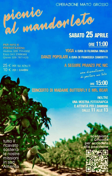 Picnic nel mandorleto: danze, yoga, mostra fotografica, concerto unplugged per le missioni nel Sud America.
