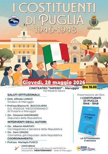 I COSTITUENTI DI PUGLIA: incontro di cittadinanza attiva giovedì 28 maggio a Maruggio