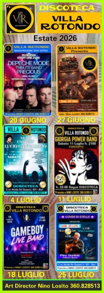 UN ESTATE FANTASTICA TRA CONCERTI E BALLI A GO GO!! - PROGRAMMA DI GIUGNO E LUGLIO   20 Giugno Precious Tribute band dei  DEPECHE MODE -  27 Giugno ErosWeet Tribute band di EROS RAMAZZOTTI - 04 Luglio LUCIO canta LUCIO cover band.