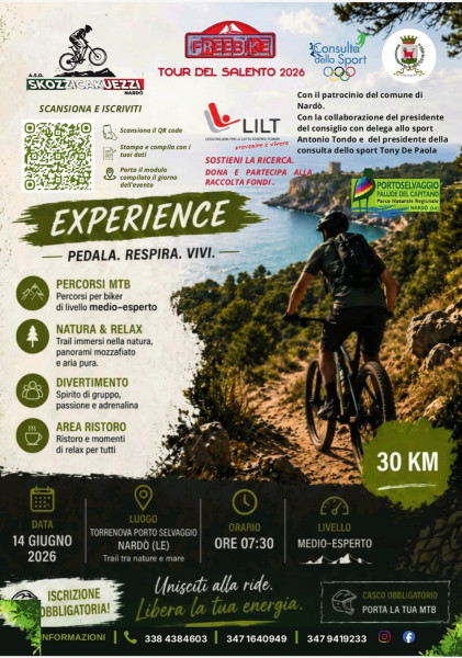 Freebike Experience 2026, il 14 giugno MTB e solidarietà a Porto Selvaggio