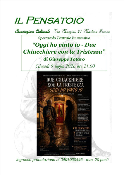Spettacolo teatrale immersivo "DUE CHIACCHIERE CON LA TRISTEZZA - OGGI HO VINTO IO" di Giuseppe Totaro