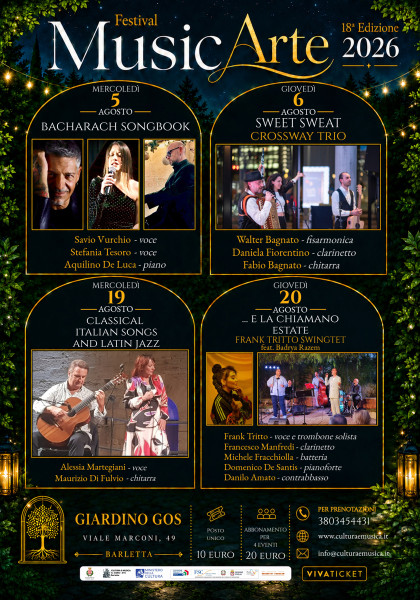 FESTIVAL MUSICARTE 2026  18ª EDIZIONE Barletta, Giardino GOS  dal 5 al 20 agosto 2026
